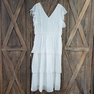 Julia Jordan Maxi Dress Size 12 White Swill Dot Layered V-Neck Flutter Sleeve